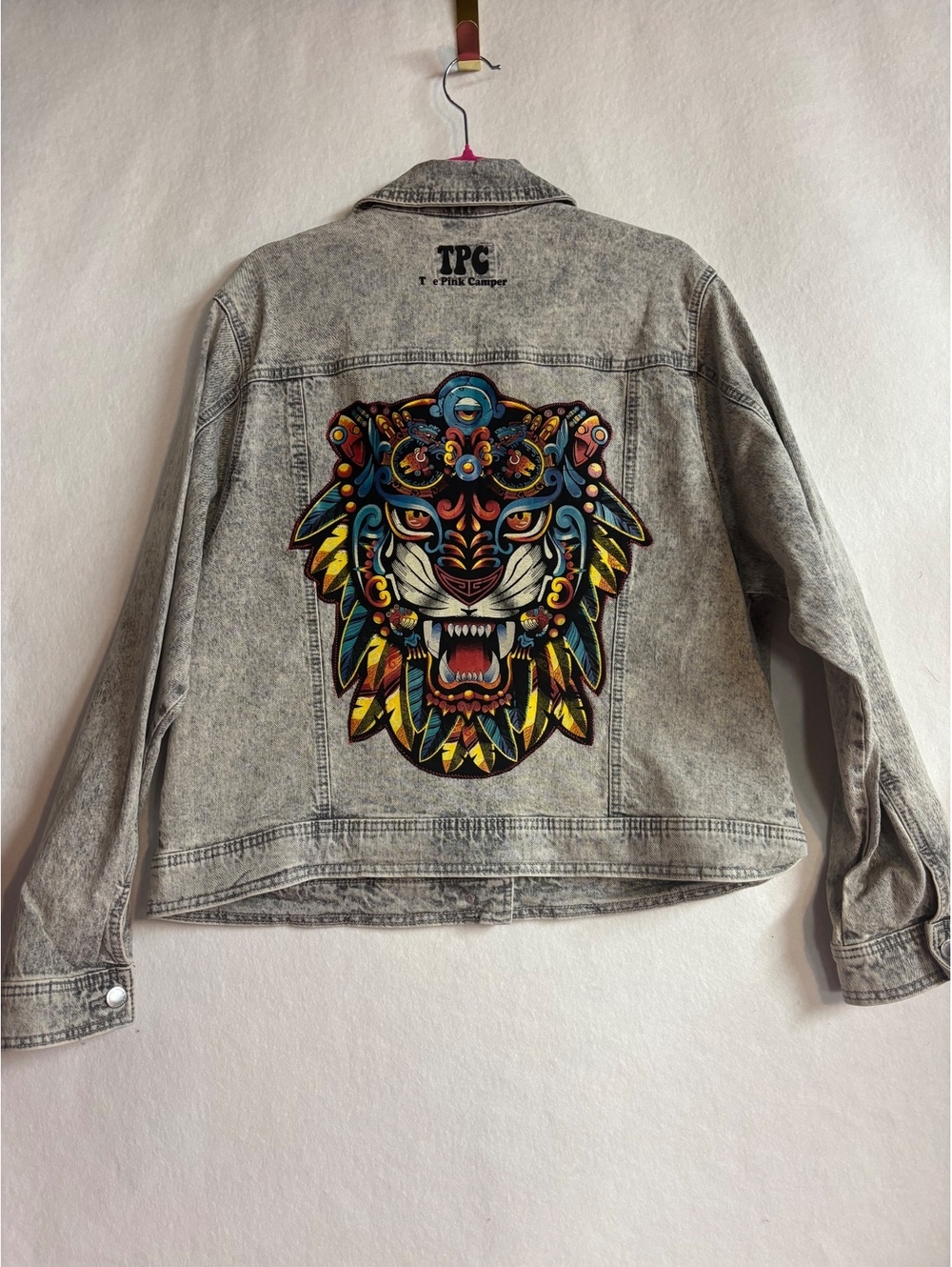 Crouching Tiger Patch Upcycled Denim Jacket XL PTP 23
